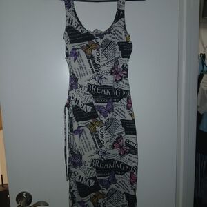 Almost Famous White Newspaper Print  Dress with Purple & Pink Butterflies
